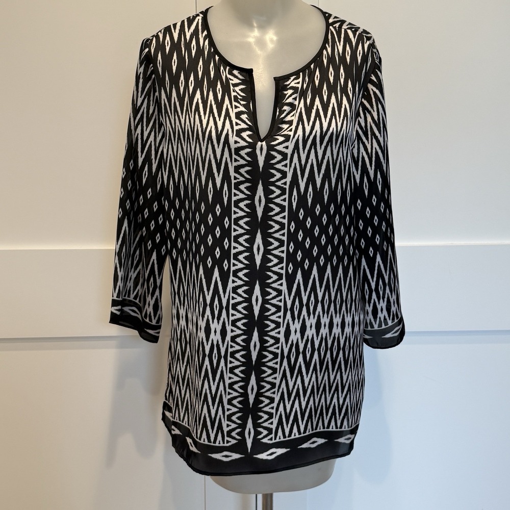 Chico's Travelers Collection Black White Geometric Print Tunic Top Size 1 M